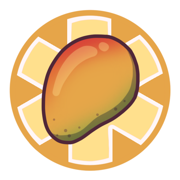 a yellow circle with a large medical alert asterisk inside it, and a mango pictured in the centre.